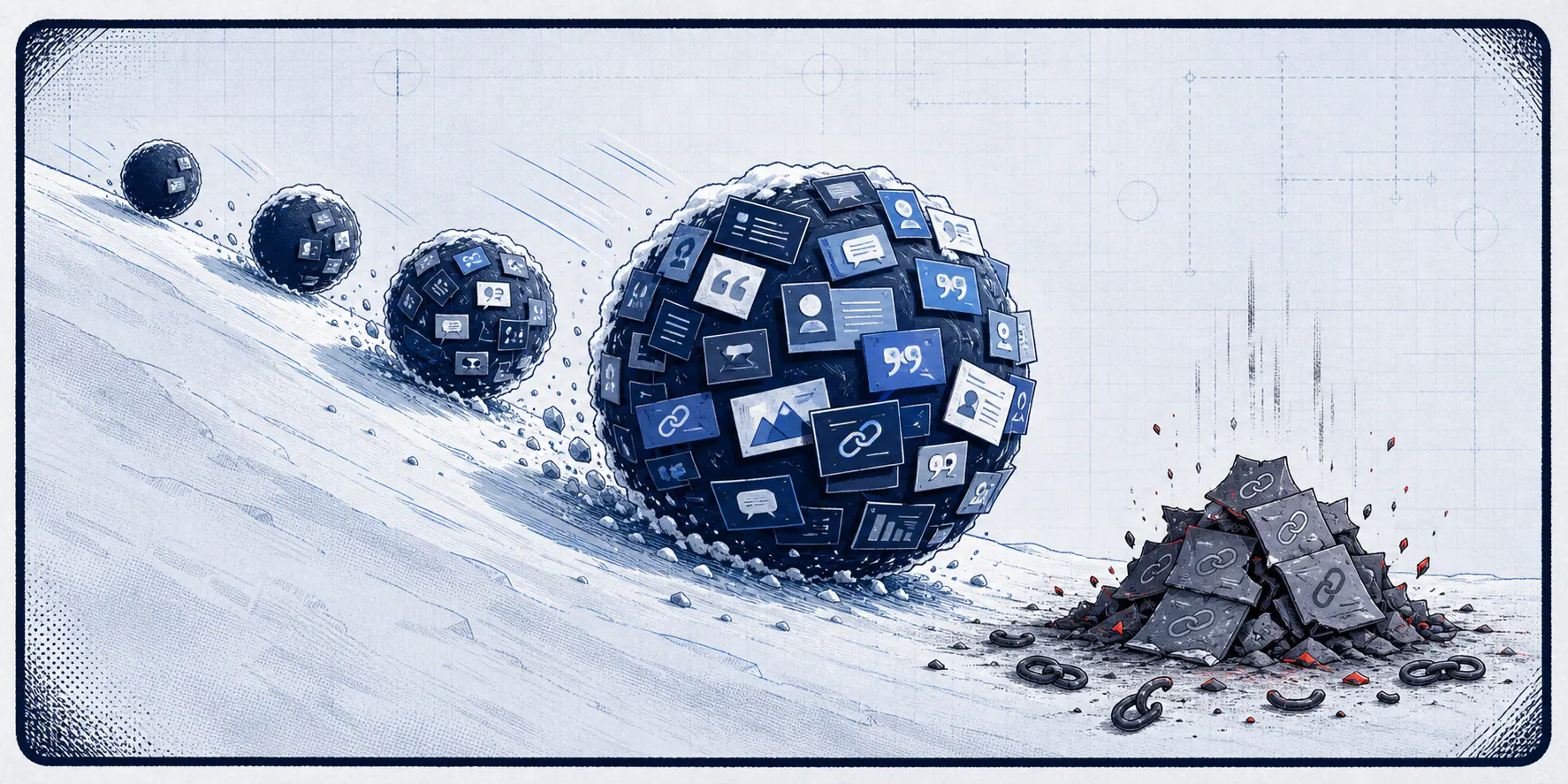 Light-field comic panel showing earned coverage compounding into a large rolling authority snowball beside a decaying pile of bought-link fragments.